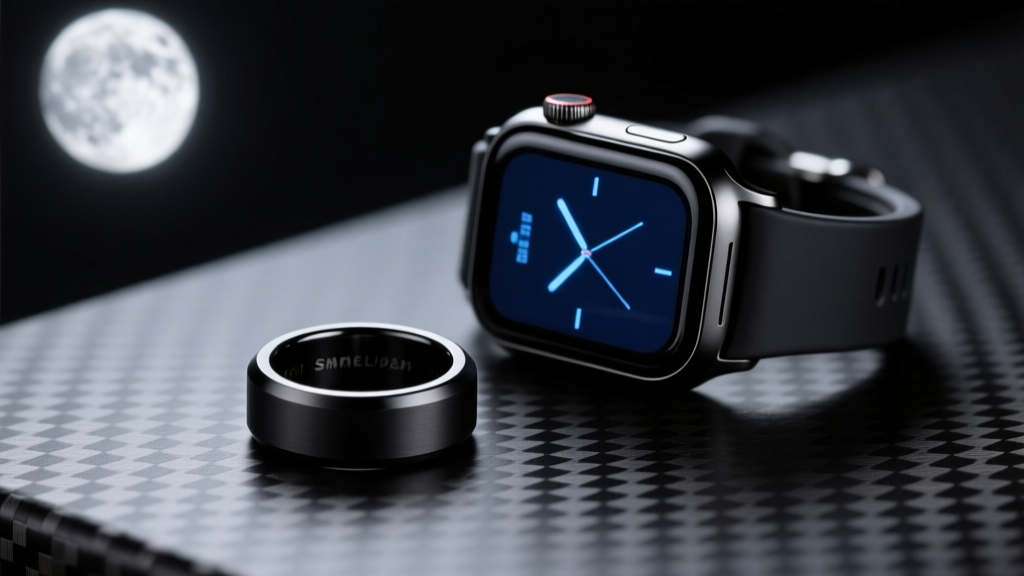 Close-up of a matte black smart ring and tactical smartwatch resting on dark carbon fiber, illuminated by subtle moonlight.