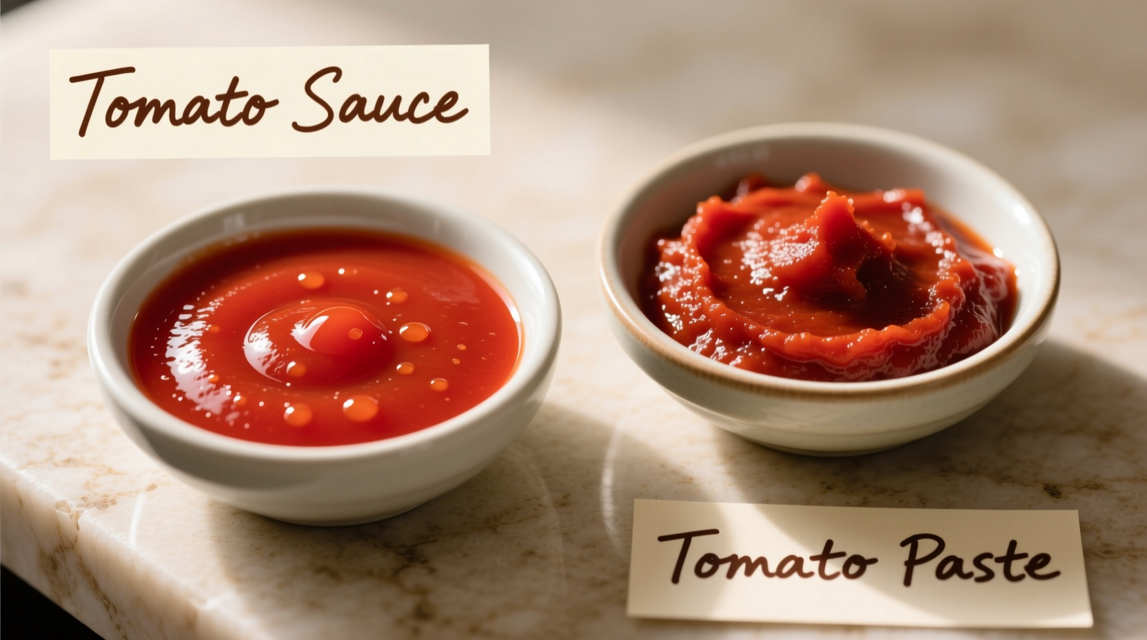 Close-up comparison of tomato sauce and paste in bowls