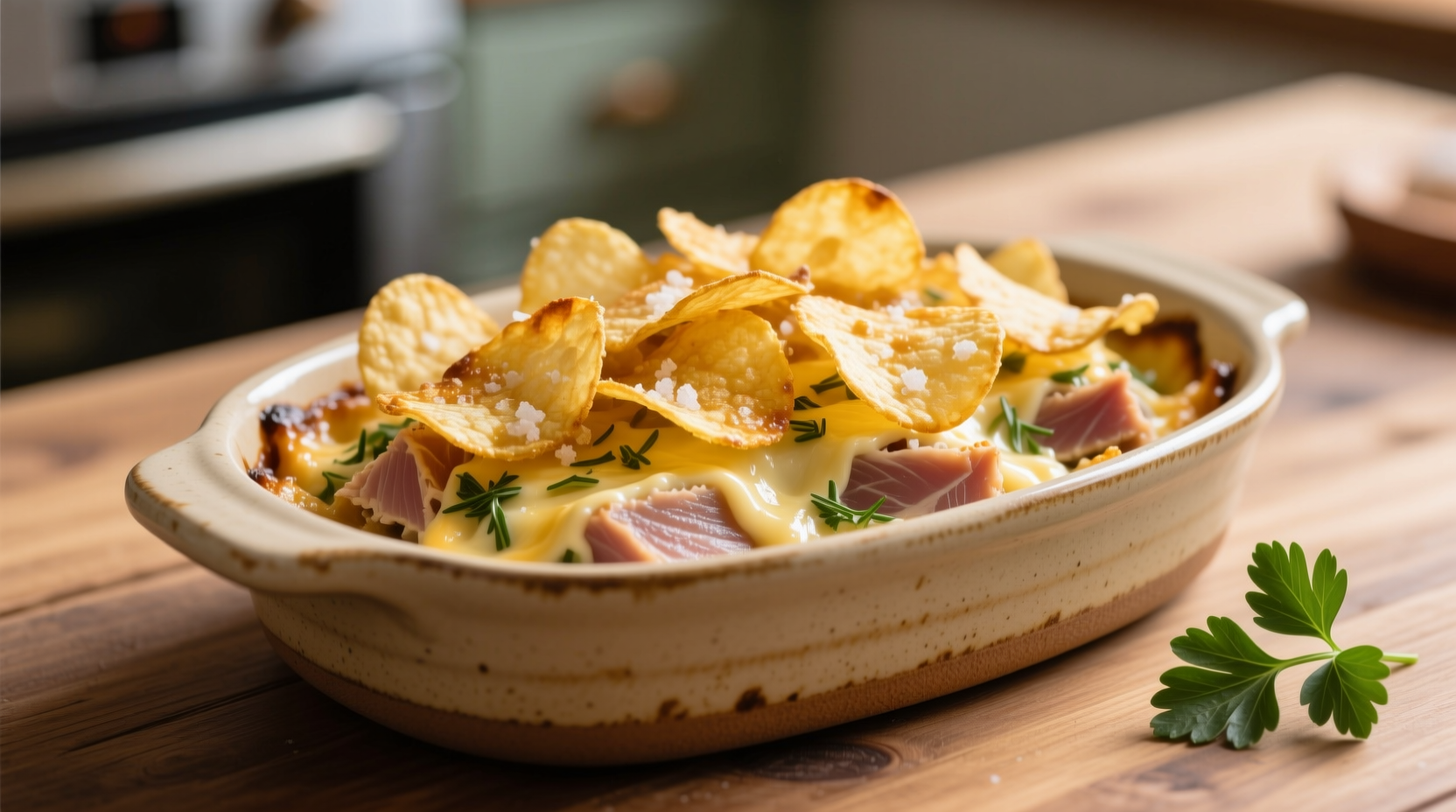Golden tuna bake with crispy potato chip topping in ceramic dish
