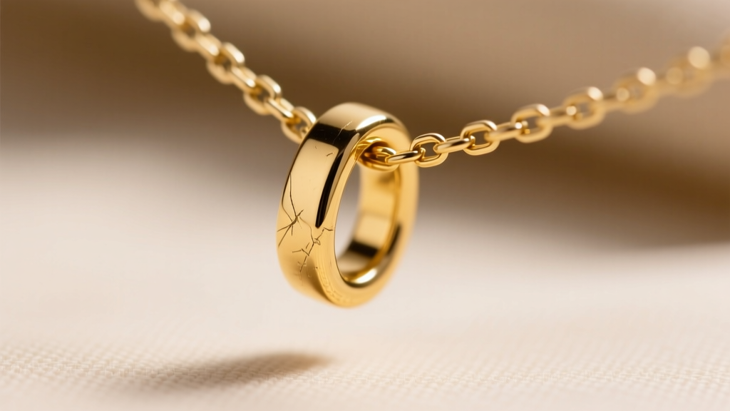 Extreme macro photograph of a gold pendant bail threading onto a thin 1.2mm rolo chain, highlighting the gap and friction points