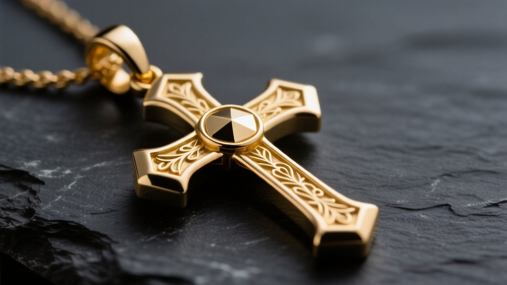 Close-up of a 14k yellow gold Latin cross pendant on dark slate, lit by soft studio light to highlight warm reflections and beveled edges.