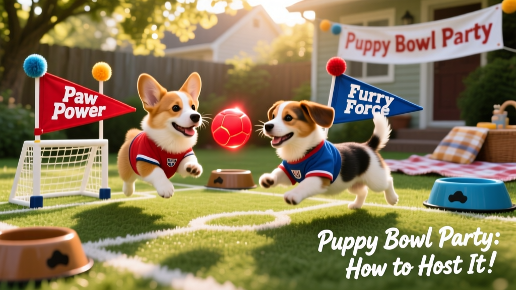Two teams of playful puppies on a miniature turf football field with tiny goalposts and team banners