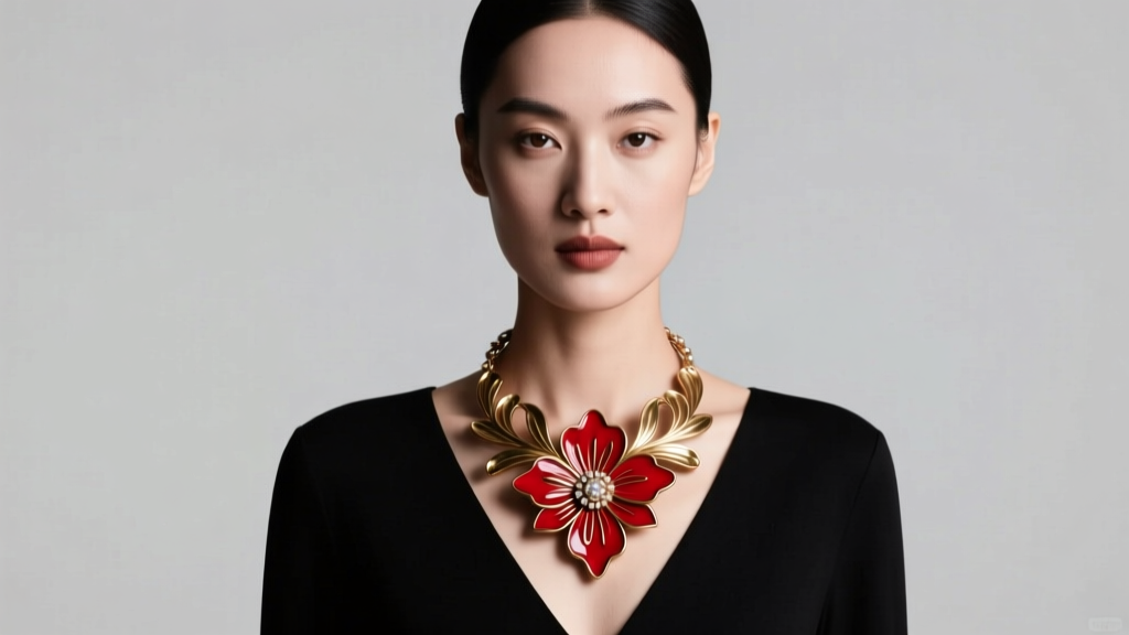 Woman wearing a large brass and red enamel flower statement necklace over a black V-neck top, soft studio lighting, front angle.