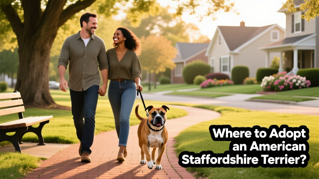 Two people smiling while walking an American Staffordshire Terrier on a leash in a quiet neighborhood park