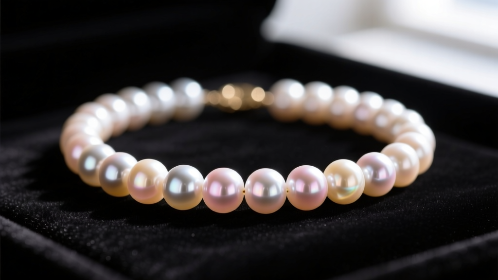 Vintage Akoya pearl strand on black velvet, showing rose overtones and crisp light reflections on the nacre in a macro shot.