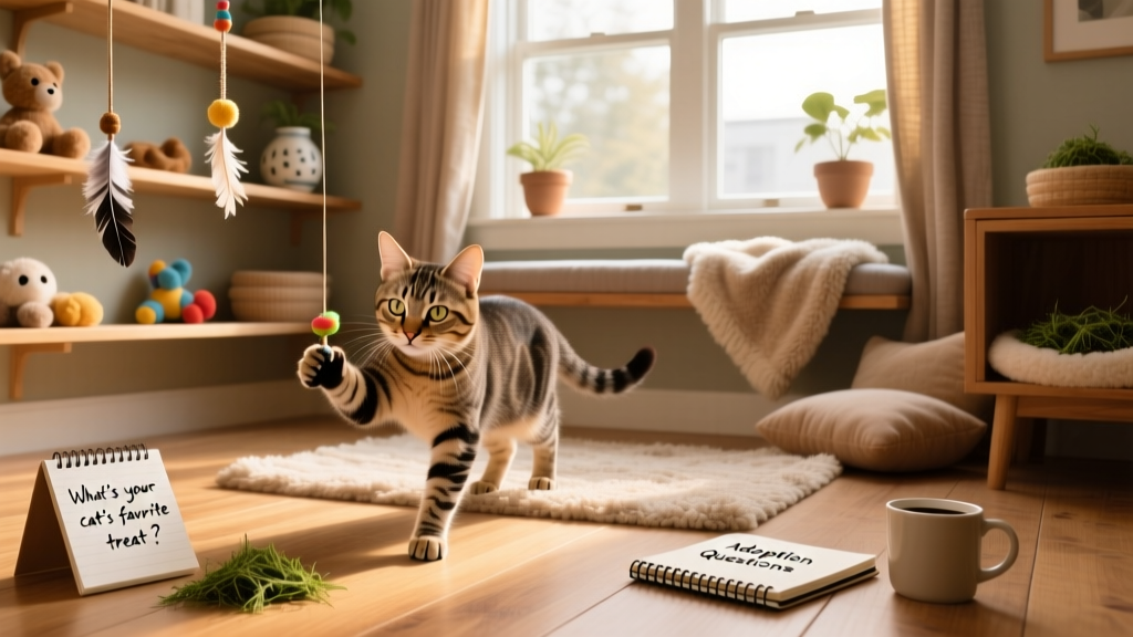 A cat exploring a cozy, cat-friendly room with shelves, toys, and a window perch