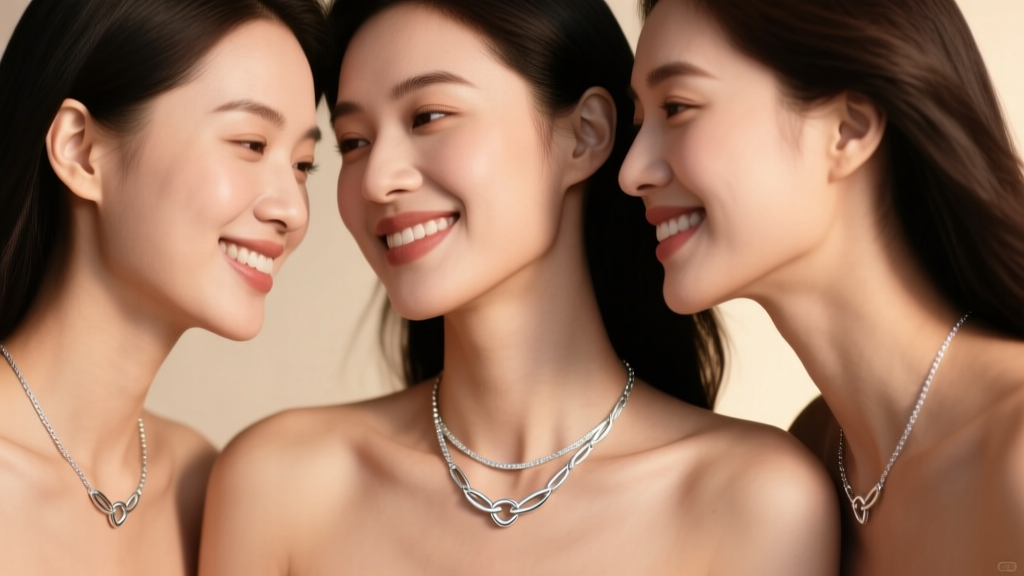 Three women wearing matching interlocking silver trio friendship necklaces, soft natural lighting, close-up on collarbones.