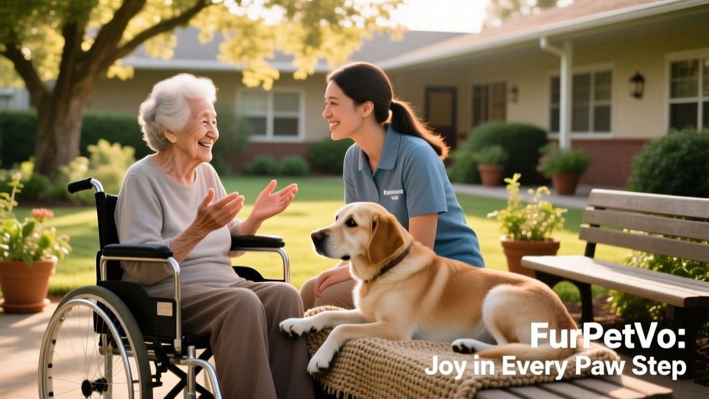an elderly woman in a wheelchair talking to a volunteer and their FurPetVo therapy dog