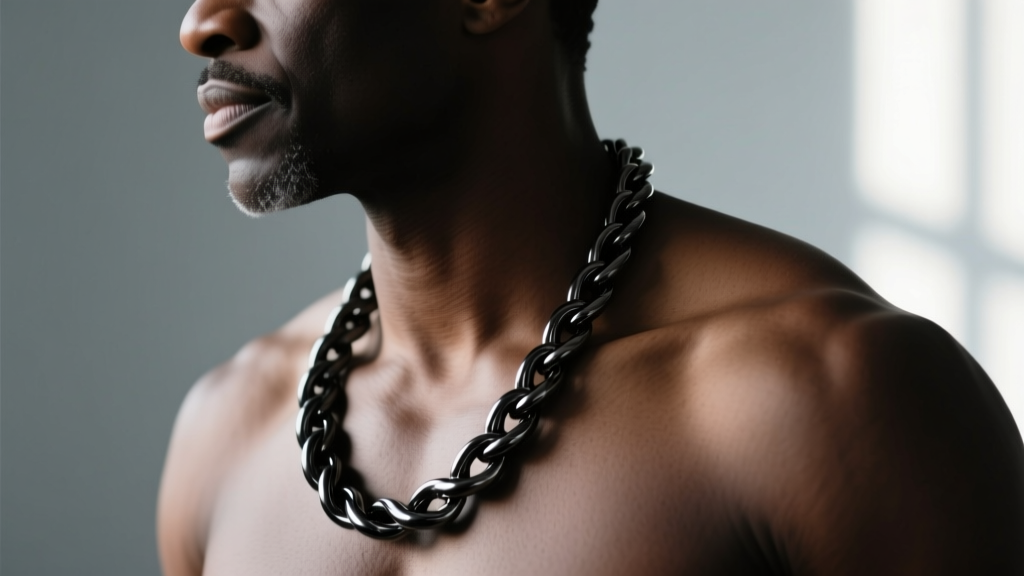Side profile of a man wearing a 24-inch black titanium rope chain showing sternum drop and kinetic drape against a grey background