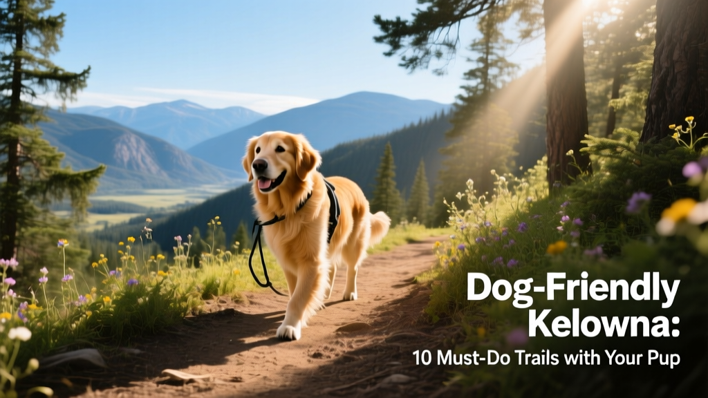 A dog hiking along a scenic, forested trail in Kelowna with mountain views