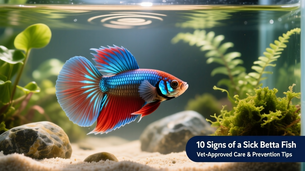 Close-up of a healthy betta fish with bright colors and flared fins, swimming confidently in a clean, well-planted tank