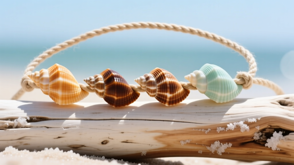 Close-up of genuine cone-shaped puka shells on a waxed cotton cord, resting on sun-bleached driftwood under bright coastal sunlight.