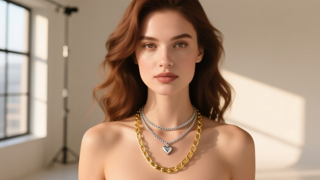 Woman wearing a layered necklace stack with a small heart pendant on a 16-inch chain and a 20-inch gold paperclip chain link style.