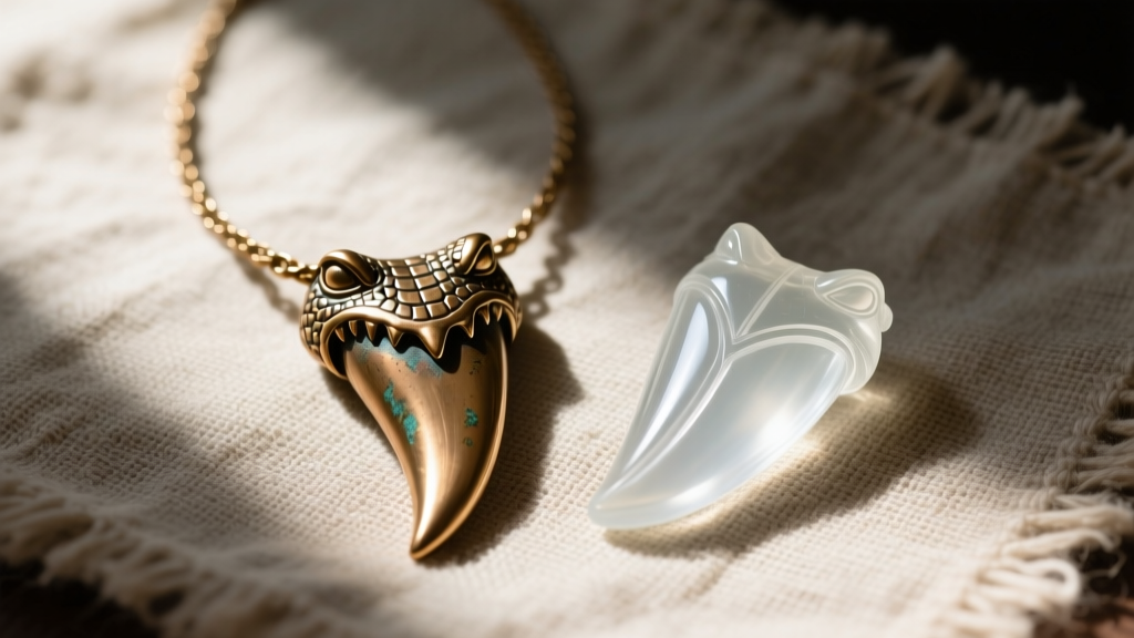 Side-by-side flat lay of a solid bronze cast alligator tooth necklace and a clear resin replica on a piece of raw linen fabric.