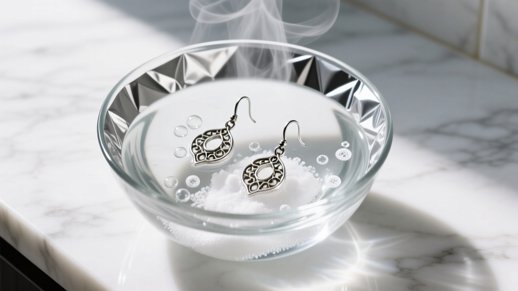 Clear bowl lined with foil and hot baking soda water, submerging tarnished silver dangle earrings on a bright marble countertop