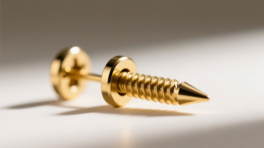 Macro shot of 14g steel bamboo earring posts with PVD gold, displaying precise threading and a screw-back security mechanism.