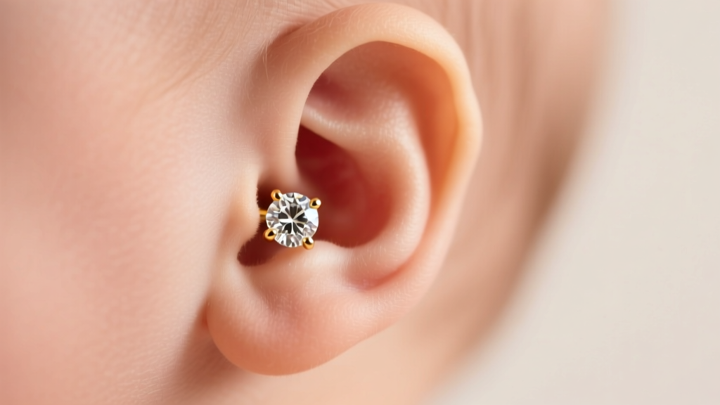 Close-up of an infant ear wearing a tiny 3mm bezel-set diamond stud with a secure screw-back, soft warm lighting.