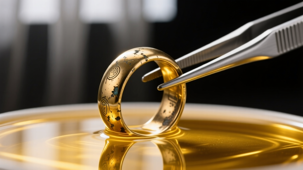 Close-up of a tarnished brass ring submerged in a glowing gold electroplating solution, held by steel tweezers in a dim studio.