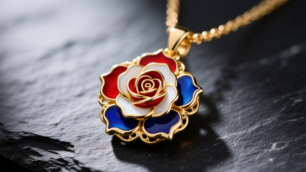 Macro shot of a 14k gold Luther rose necklace pendant with vibrant champlevé enamel in red, white, and blue on dark slate
