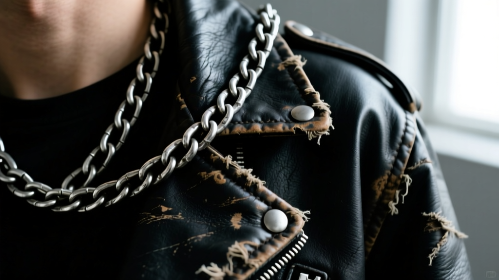 Close-up of a heavy 10mm oxidized sterling silver curb chain punk rock necklace resting on a worn black leather jacket lapel.