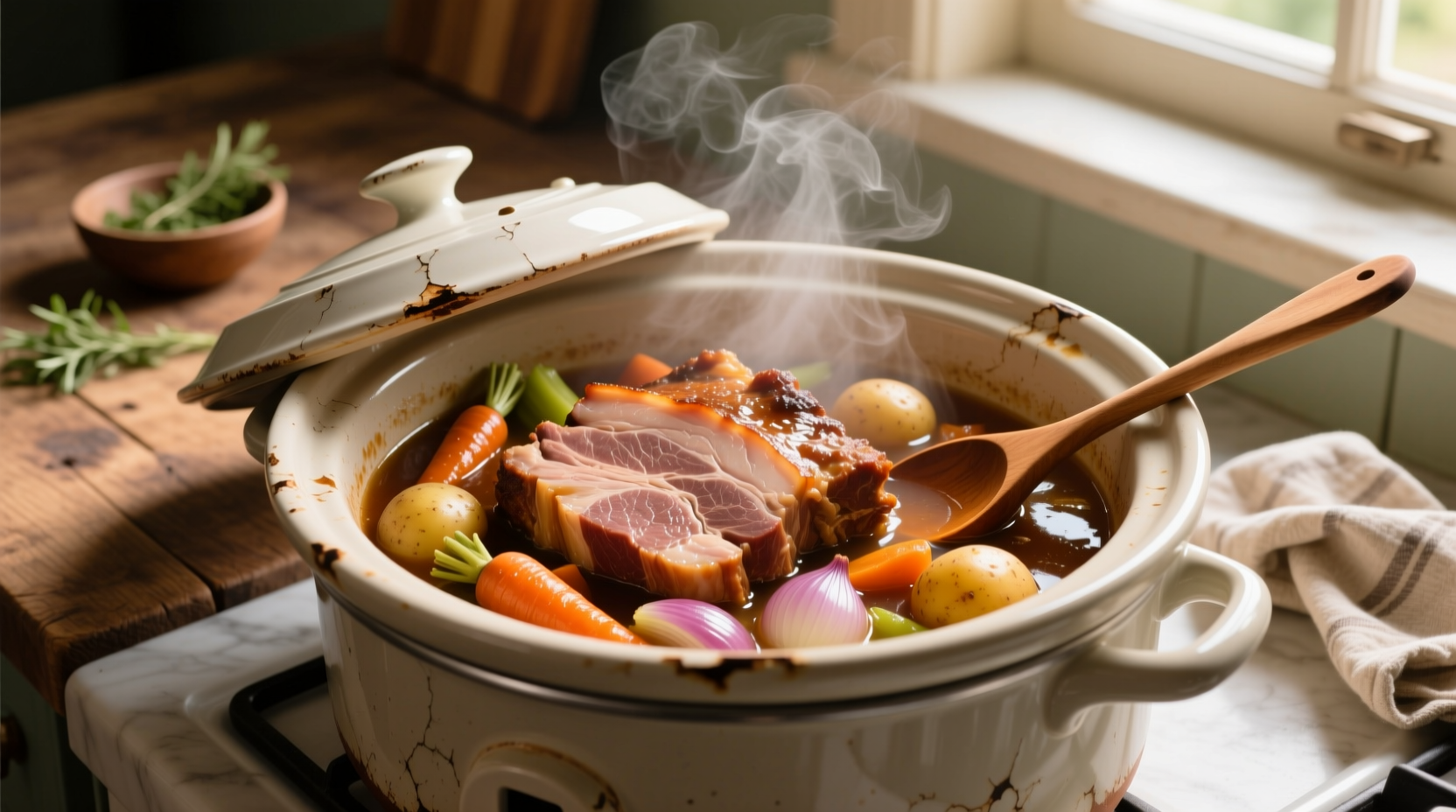 Slow cooker with pork shoulder and vegetables