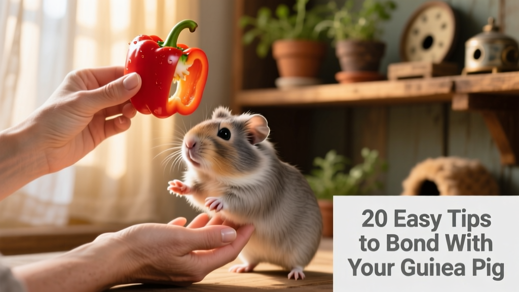 Hands gently holding a guinea pig while offering a small piece of fresh bell pepper