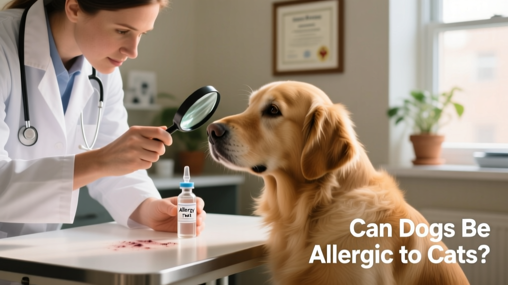 A veterinarian gently examining a dog’s skin while holding a small vial labeled 'Allergy Test' beside a clean exam table