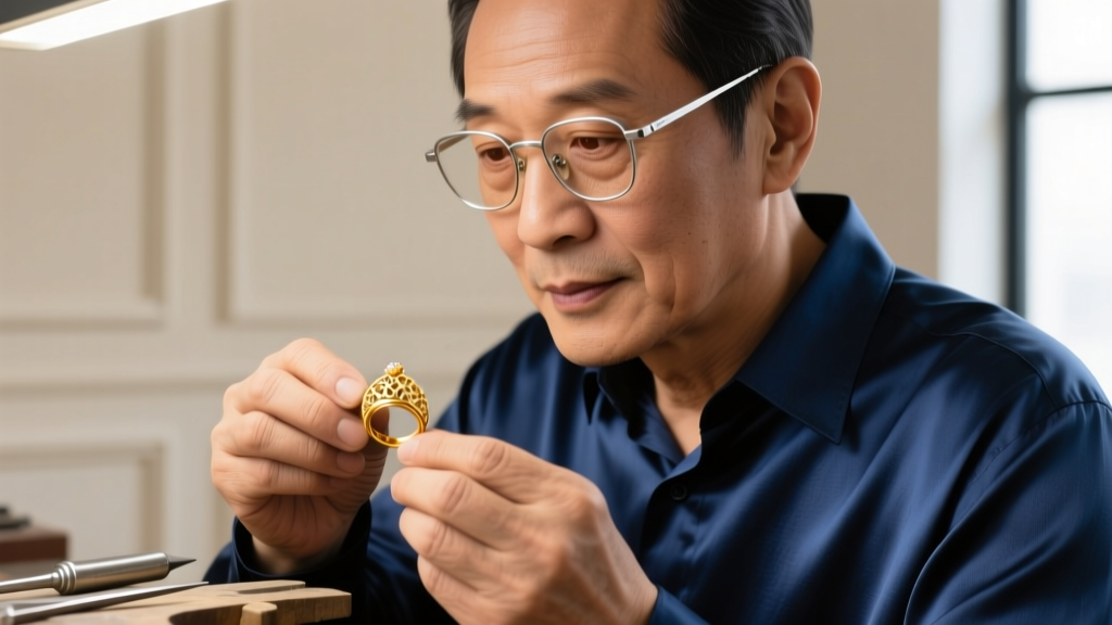 Close-up of a jeweler's loupe examining an onyx stone in a gold setting to check for dye concentration in micro-cracks