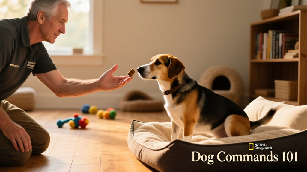 A trainer gently guiding a dog toward its bed with an open palm gesture while holding a treat, showing the early stages of 'Go to bed' training