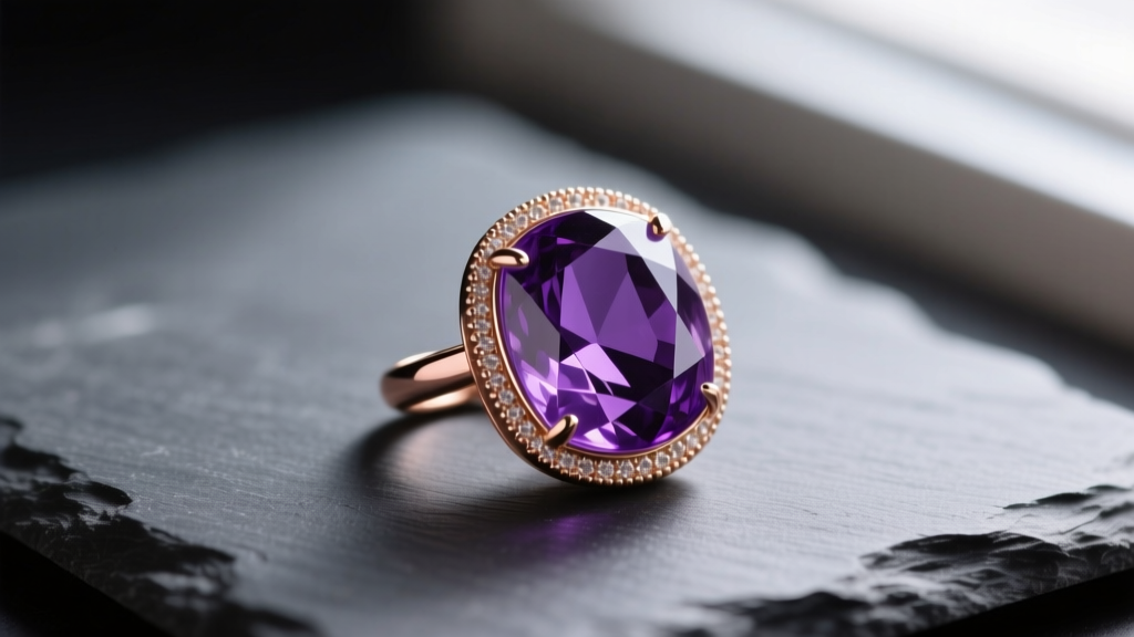 Close-up of a deep purple Uruguayan amethyst pendant set in 14k rose gold, resting on dark slate with soft directional lighting.