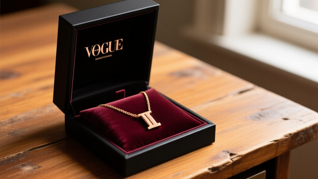 Open black box revealing a polished 14k rose gold mens initial necklace on a velvet cushion, resting on a rustic wooden desk.