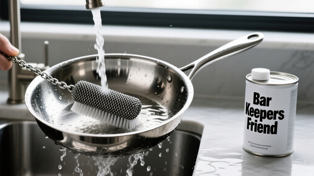Stainless steel skillet being scrubbed with a chainmail cleaner under running water next to a canister of Bar Keepers Friend powder