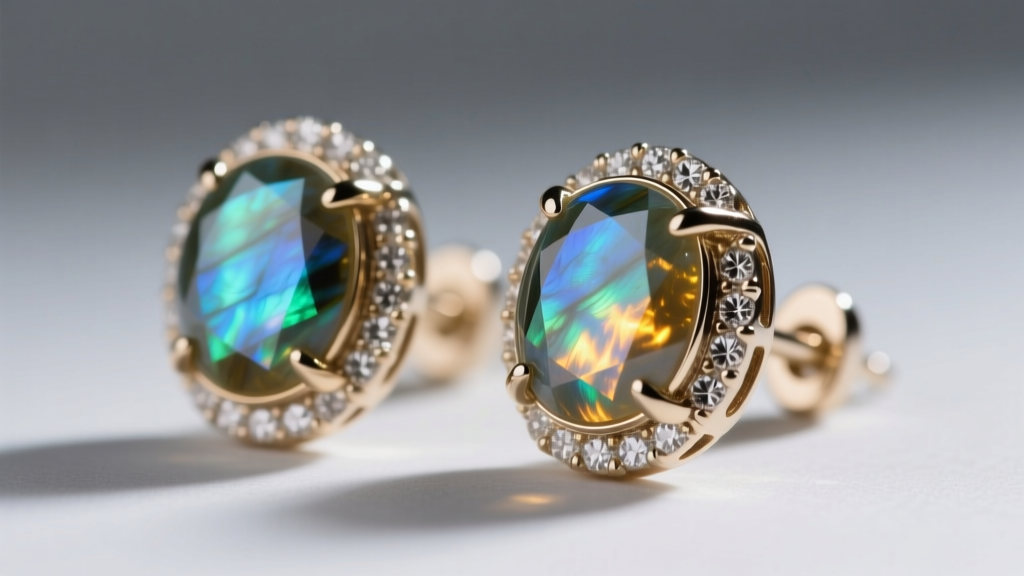 Macro of prong and bezel labradorite earrings, showing the protective metal rim of the bezel setting against a soft grey backdrop