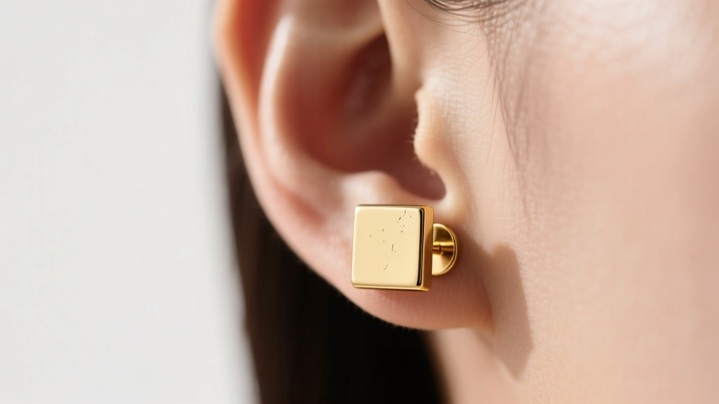 Side view of a gold square earring on an earlobe, showing a wide la pousette backing keeping the geometric stud perfectly flush.