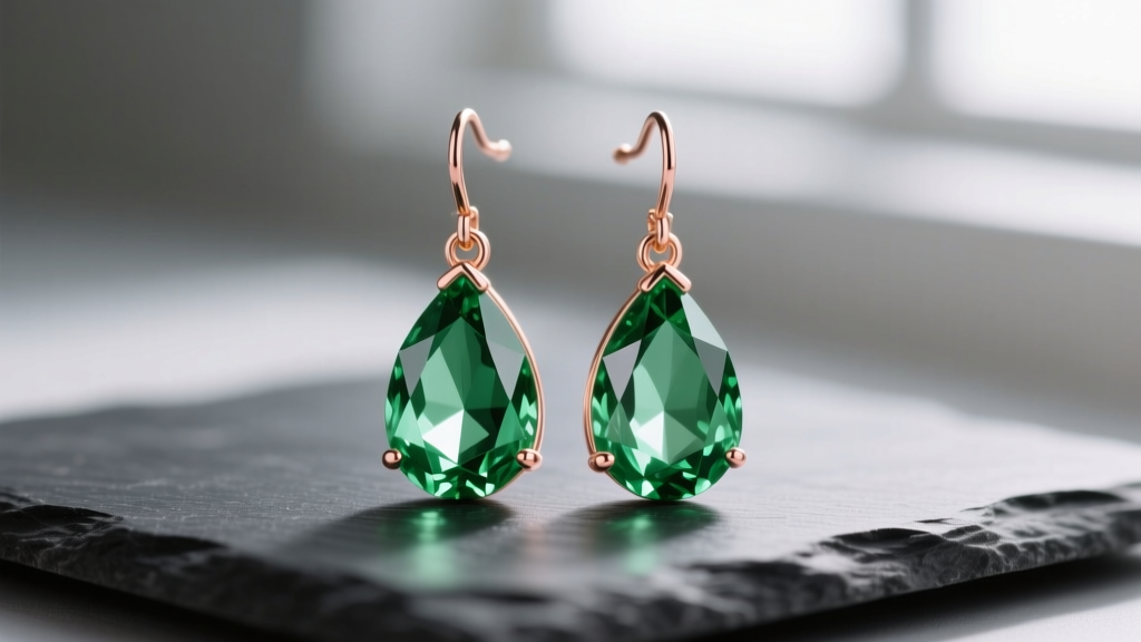 Faceted prasiolite green quartz drop earrings in 14k rose gold resting on dark slate with soft natural lighting.