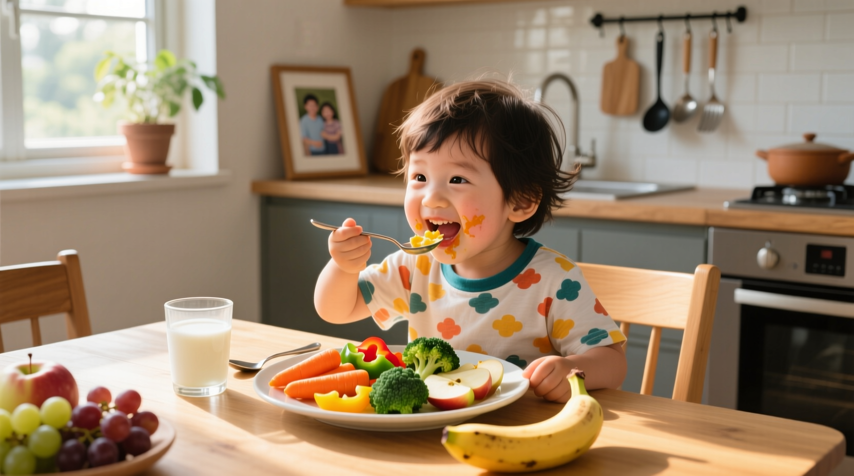Child eating balanced meal with fruits and vegetables
