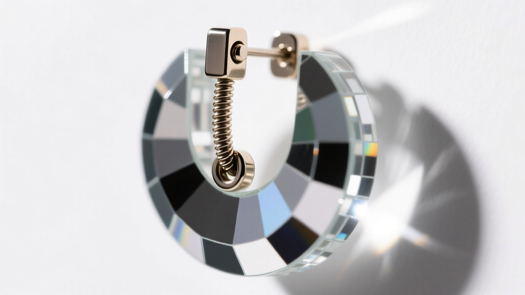 Close-up of an 18-gauge titanium ear wire on a heavy mirrored acrylic disco earring, highlighting a secure leverback clasp.