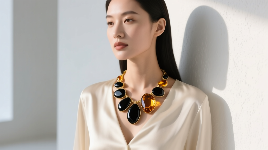 Woman wearing a jet and amber necklace over cream silk blouse, showcasing striking contrast of black and gold organic gemstones.