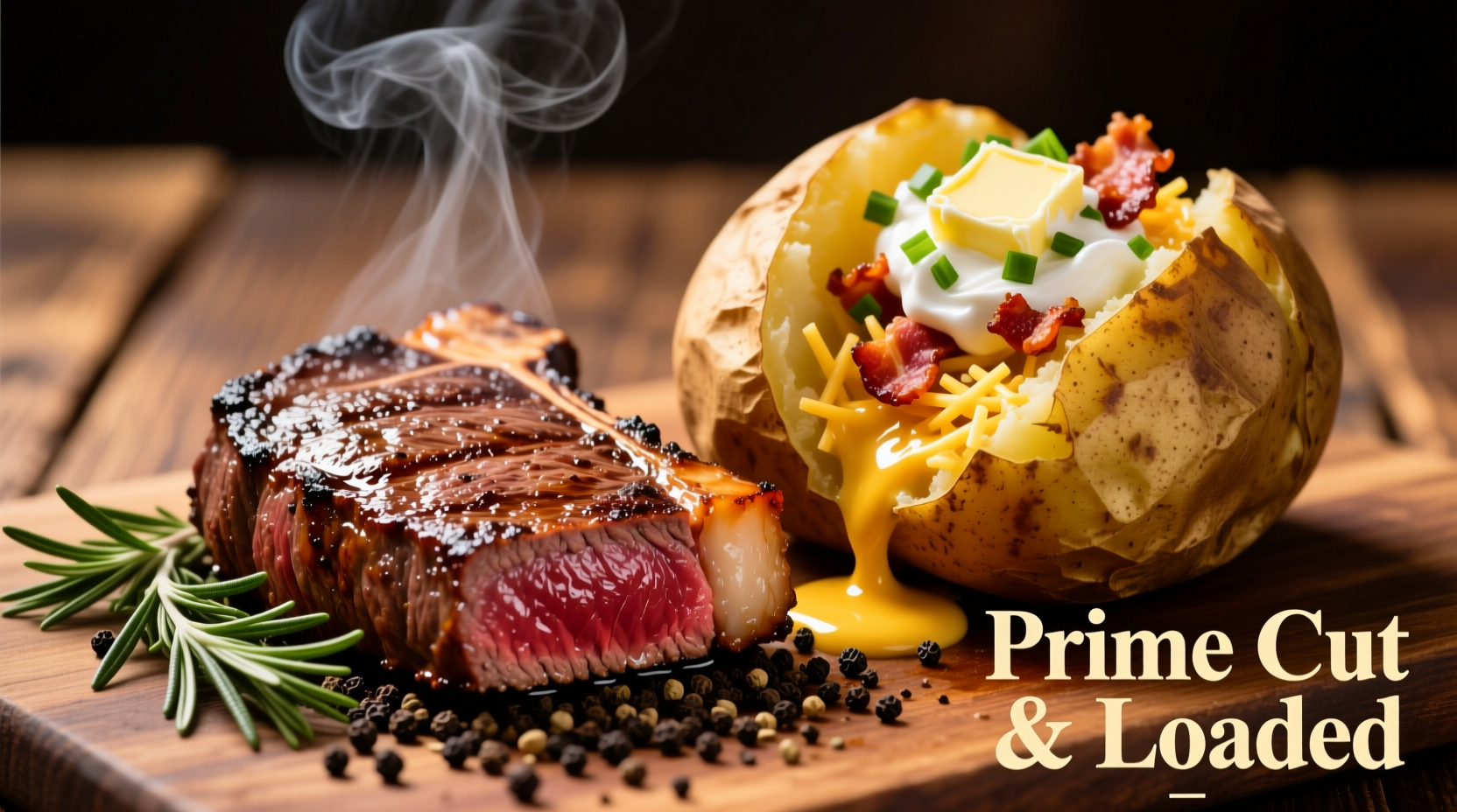 Sizzling ribeye steak with loaded baked potato