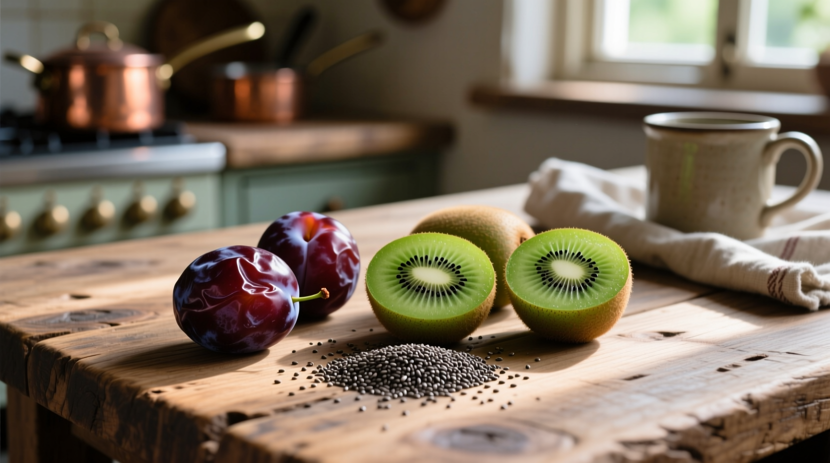 Fresh prunes, kiwi, and chia seeds on wooden table