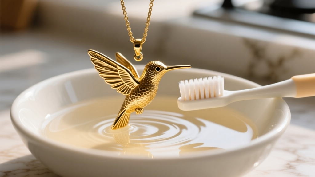 Soft baby toothbrush gently scrubbing detailed gold feathers of a hummingbird pendant submerged in a bowl of warm soapy water.