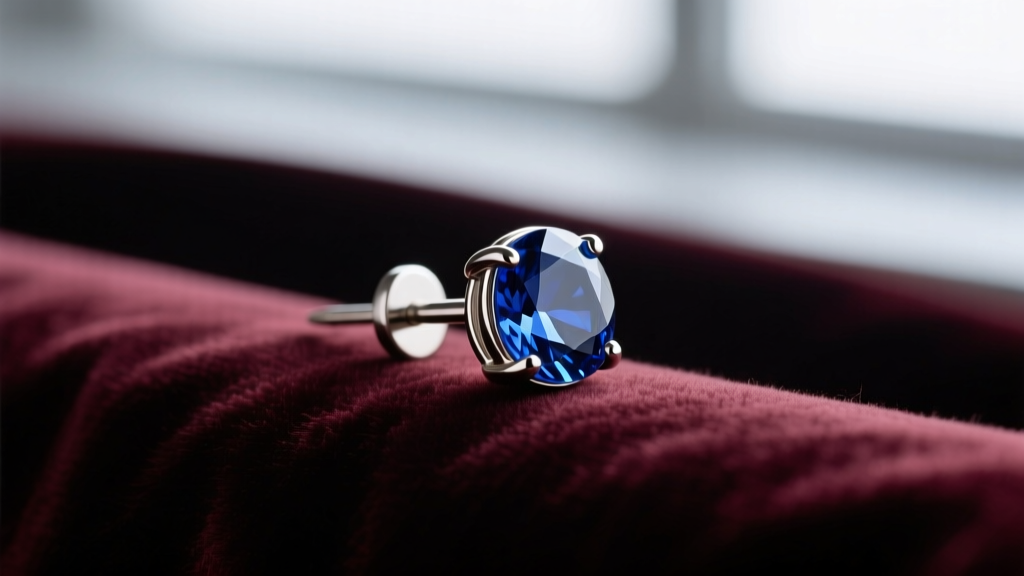 Close-up macro shot of an 18-gauge titanium earring post with a smooth bezel-set sapphire top resting on dark velvet fabric