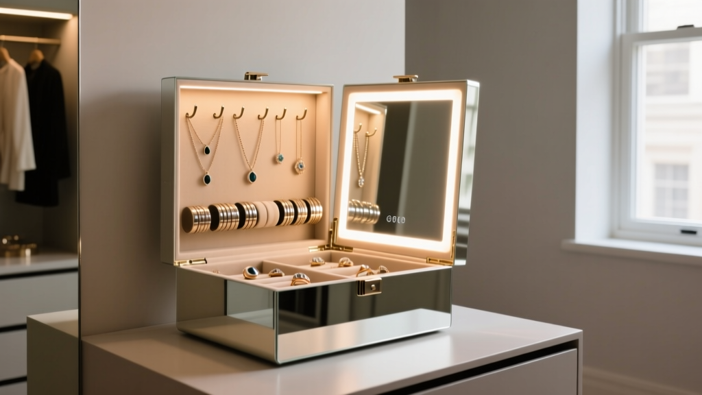 LED standing mirror jewelry box revealing necklace hooks and ring rolls, glowing with warm light in a modern dressing room.