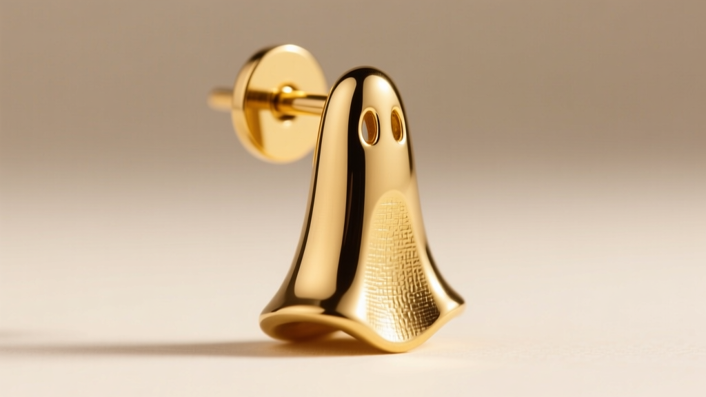 Macro shot of an 18-gauge gold vermeil ghost dangle earring with silicone backing, showing the thick post and weight.