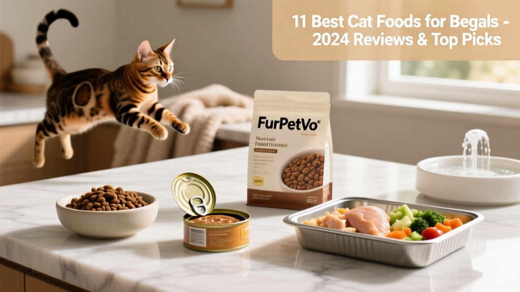 Side-by-side comparison of FurPetVo dry kibble, canned food, and fresh meal trays on a marble countertop