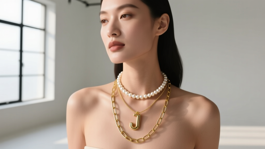 Woman wearing a layered stack featuring a 14-inch pearl choker, an 18-inch gold J pendant, and a 22-inch gold paperclip chain.