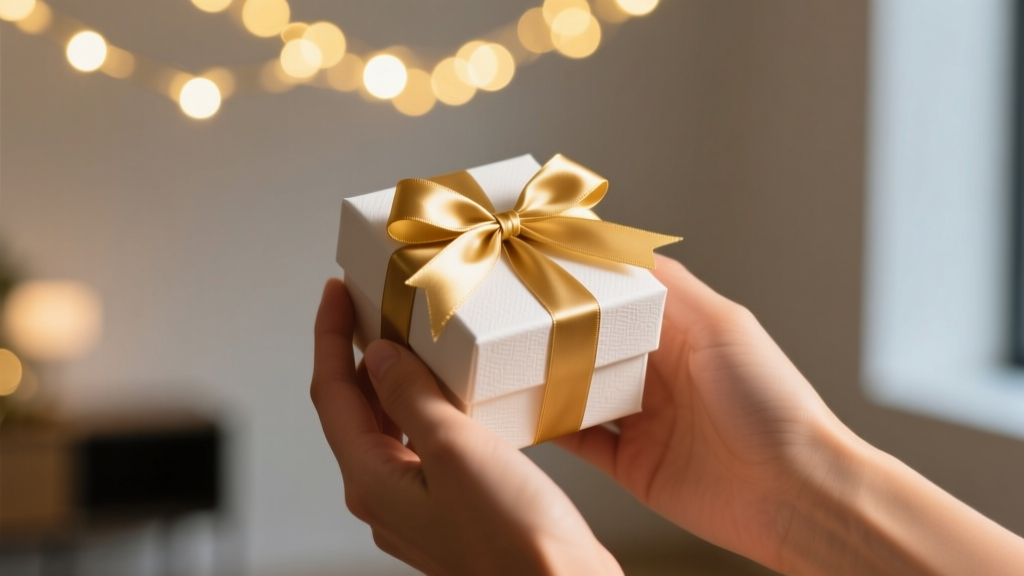 Hands holding a small wrapped square jewelry gift box tied with a gold silk ribbon under warm glowing holiday fairy lights.