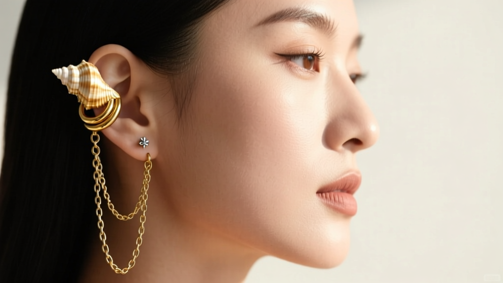 Side profile portrait of a woman showing a healed curated ear stack with a gold conch hoop, tragus stud, and double helix chains