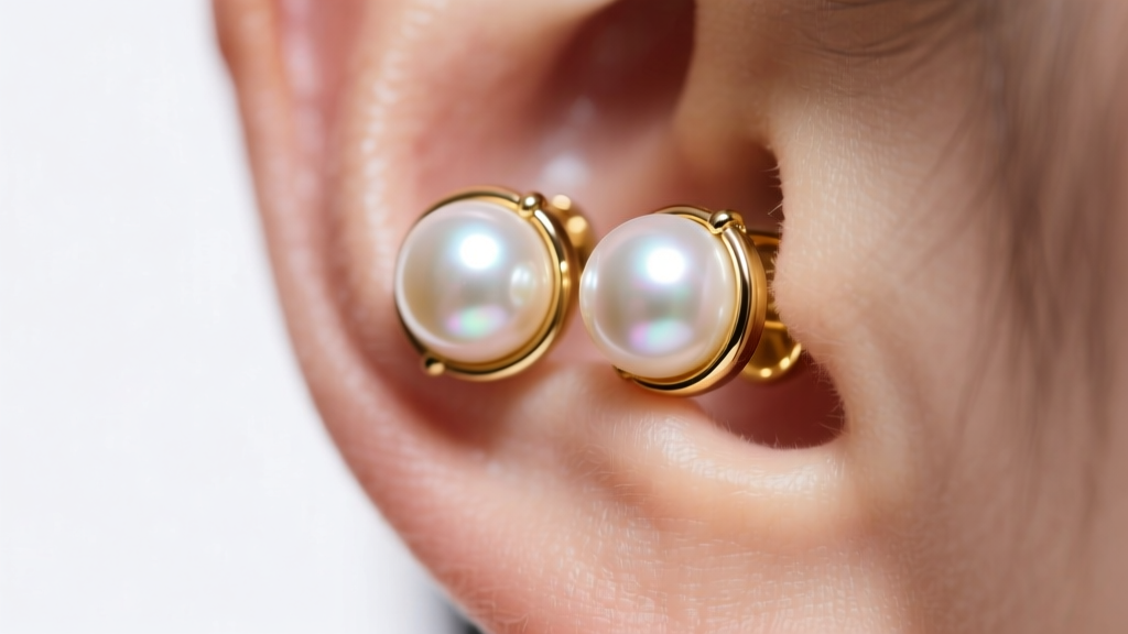 Macro of 16mm South Sea pearl earrings on a lobe, showing a reinforced 18k gold omega backing under soft studio lighting.