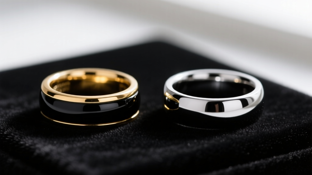 Macro comparison of a gold ring with black vitreous enamel inlay next to a black rhodium plated ring on a dark velvet pad.